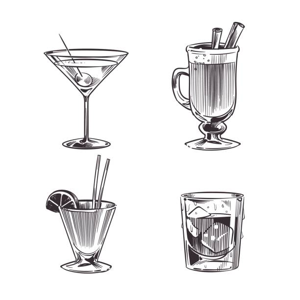 illustrazioni stock, clip art, cartoni animati e icone di tendenza di schizzo cocktail bevande alcoliche. bevande fredde disegnate a mano in bicchieri diversi. martini con oliva, vin brulè, bevanda estiva per feste e whisky con ghiaccio. vettore isolato impostato in stile inciso - cocktail martini olive vodka