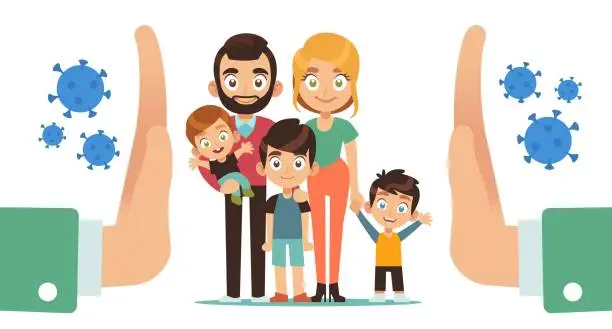 Vector illustration of Family is protected. Mother father and kids and molecules attacks, huge hands stop gesture, contagious diseases prevention, illness treatment. Vector flat cartoon isolated concept