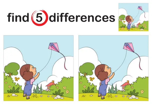 Vector illustration of Find differences,  Girl playing kite