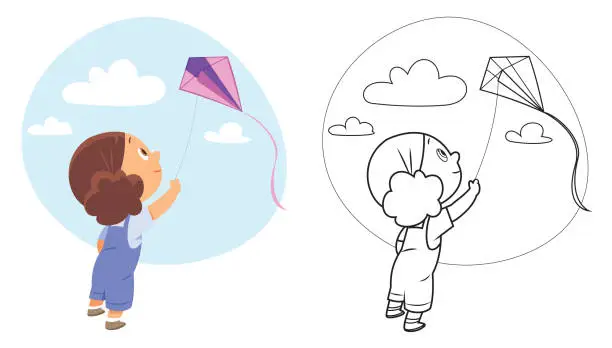 Vector illustration of Girl playing kite