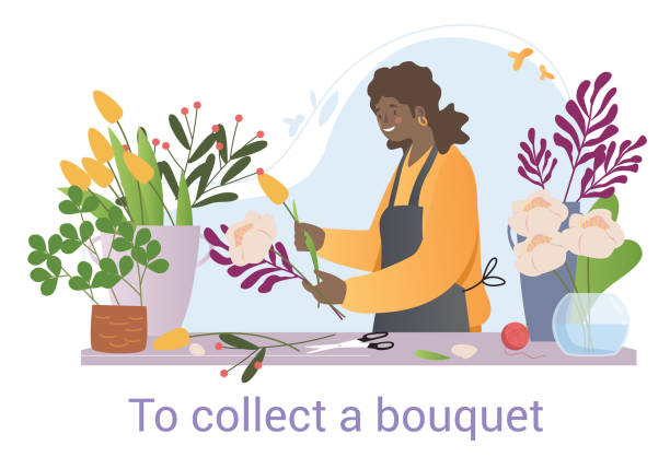 черная женщина-флорист расставляет вазы из срезанных цветов - florist stock illustrations