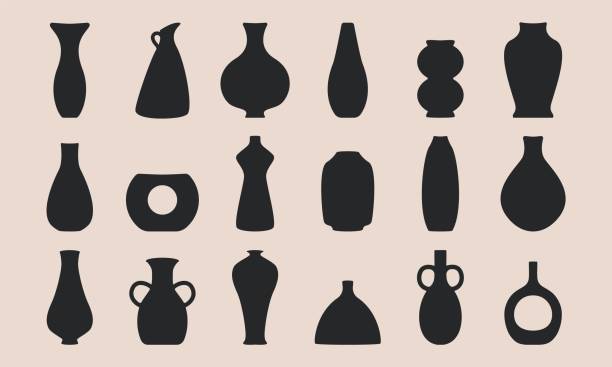 starożytny zestaw ceramiki. czarny ceramiczny słoik amfory kształty sylwetki, ręcznie rysowane izolowane ikony. ilustracja wektorowa - jug pitcher pottery old stock illustrations