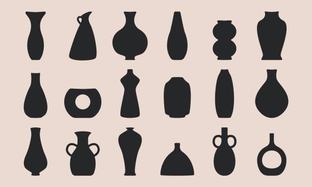 ilustrações de stock, clip art, desenhos animados e ícones de ancient pottery set. black ceramic vase jar amphora silhouette shapes, hand drawn isolated icons. vector illustration - silhouette wine retro revival wine bottle