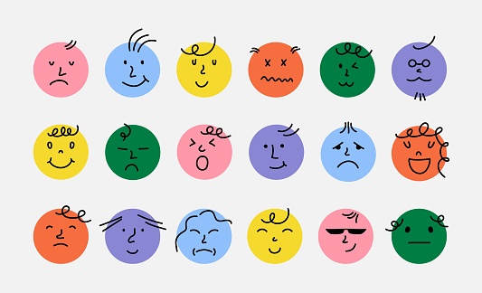 Abstract smile face icons. Cartoon round emoji avatars, emoticon character set, funny doodle isolated vector elements.