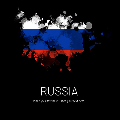 Flag of Russia ink splat on black background. Splatter grunge effect. Copy space. Solid background.