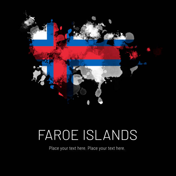 Flag of Faroe Islands ink splat on black background. Splatter grunge effect. Copy space. Solid background.