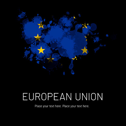 Flag of European Union ink splat on black background. Splatter grunge effect. Copy space. Solid background.