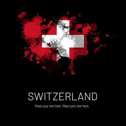 Flag of Switzerland ink splat on black background. Splatter grunge effect. Copy space. Solid background.