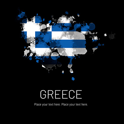 Flag of Greece ink splat on black background. Splatter grunge effect. Copy space. Solid background.