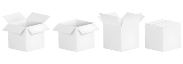illustrazioni stock, clip art, cartoni animati e icone di tendenza di set di scatole aperte e chiuse. scatola di cartone bianco. illustrazione vettoriale. - box cardboard box open opening