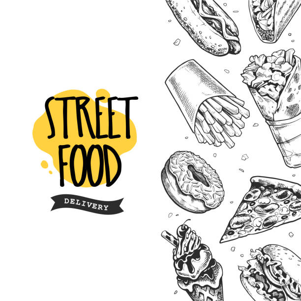 Street Food Retro Banner Vector banner with hand drawn street food. Black and white engraving style illustrations of burger, pizza, taco, french fries, donut, hot dog, shawarma and ice cream. EPS10 vector illustration. street food stock illustrations