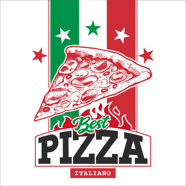 Retro Pizza Box Design Template Retro Pizza Box Design Template. Hand drawn pizza slice on Italian flag with stars and shapes for text. EPS10 vector illustration. pics for pizza pizza logo stock illustrations