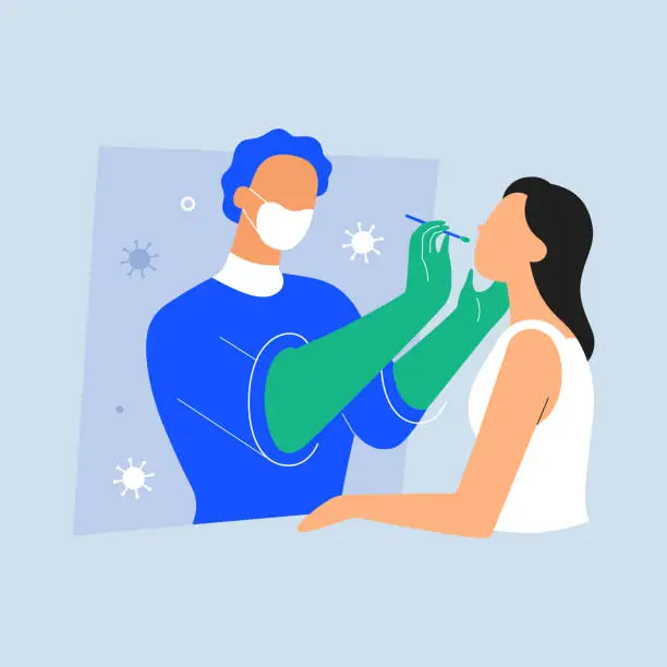 Vector illustration of PCR-test in testing booth, rapid walk-through exam, doctor collecting specimen with nasal swab in protective gloves, vector cartoon illustration