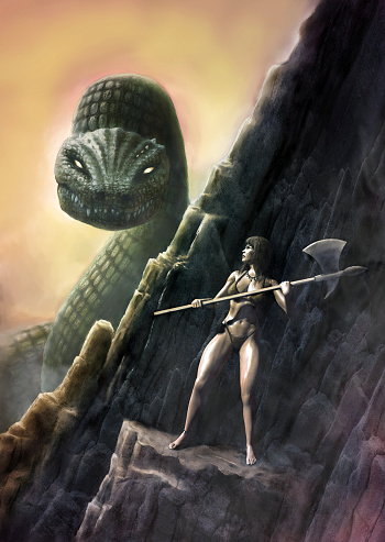 A woman with a battle axe is awaiting her enemy, a snake monster. Digital painting.