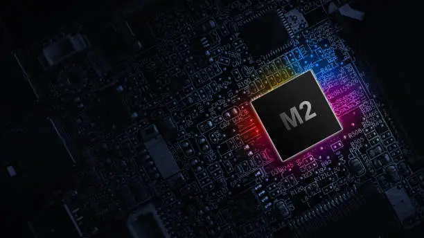 M2 cpu chip. Digital computer processor, network motherboard chip on dark technology background. Modern technologies concept