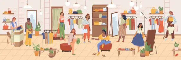 Vector illustration of Shopping woman in cloth store, footwear and accessories flat cartoon illustration. Vector clothing shop interior, fashionable apparel for stylish women. Buyers and shop assistant, fitting room