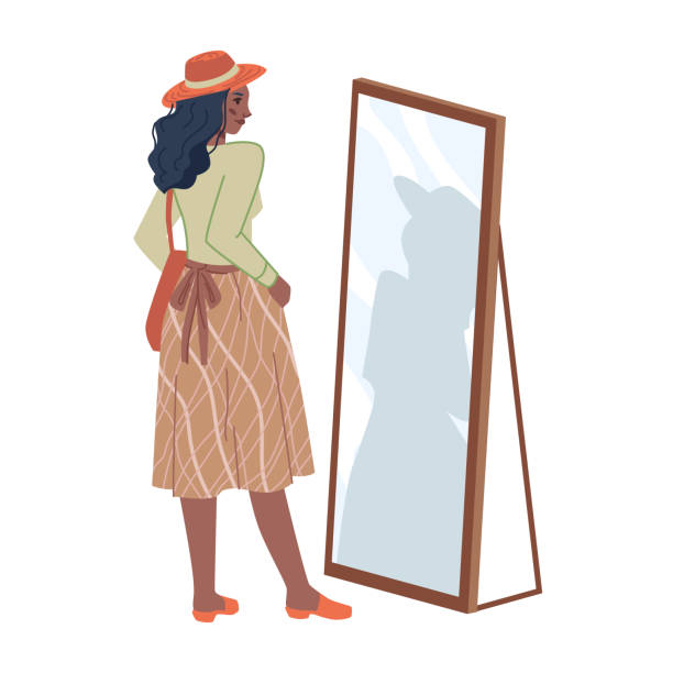 ilustrações de stock, clip art, desenhos animados e ícones de pretty woman in hat, middle skirt looking at mirror isolated flat cartoon character. vector girl choose cloth, shopper trying new dress, back view. shopping lady in clothing store mall, buyer in shop - woman in mirror backview