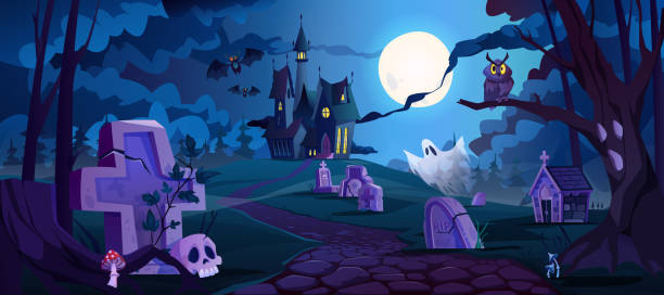 friedhof und schloss in der ferne, gruselige halloween-nachtlandschaft mit grabsteinen und trockenen bäumen, herbstfriedhof und gruselige szene mit krypten und schädeln. vollmond scheint hell. cartoon-vektor - gothic style horror cemetery spooky stock-grafiken, -clipart, -cartoons und -symbole