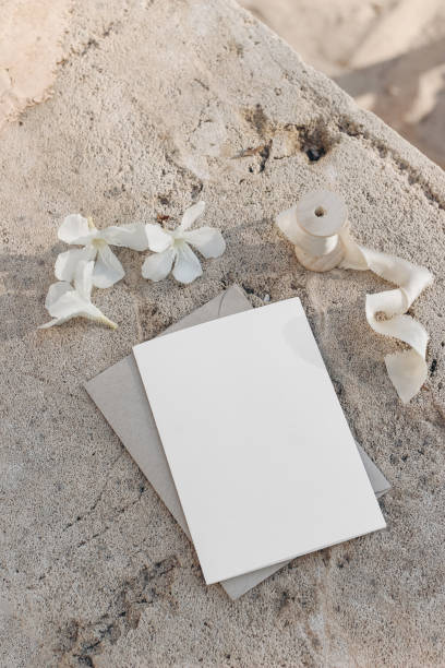 istock Summer wedding stationery mock-up. Blank greeting card, invitation with craft envelope, silk ribbon. White oleander flowers on beige concrete background in sunlight. Blurred sand. Vertical top view. 1331922672