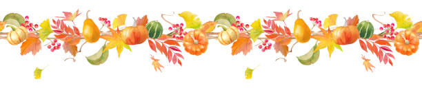 istock Watercolor illustration of autumn natural materials. Seamless line. (Pumpkin, Smilax china china, autumn leaves, ginkgo, etc.) 1331923842