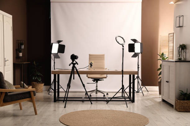 istock Modern blogger's workplace with professional equipment in room 1331924021