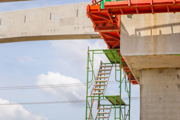 istock Stairs and scaffolding structures at construction of a mass transit train line in progress with heavy infrastructure 1331924092