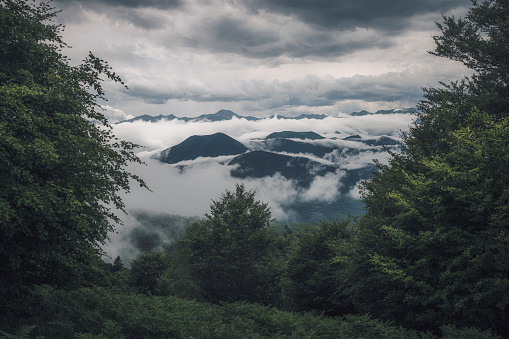 Dramatic cloudy sky over the Pyrenees mountains