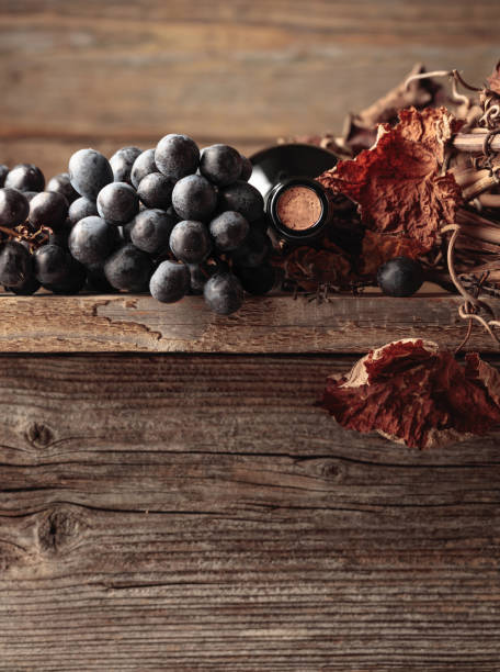 garrafa de vinho tinto com uvas e videira seca em uma velha mesa de madeira. - port wine madeira wine bottle vine - fotografias e filmes do acervo