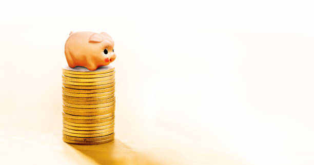Piggy bank stand on top of coins stack stock photo
