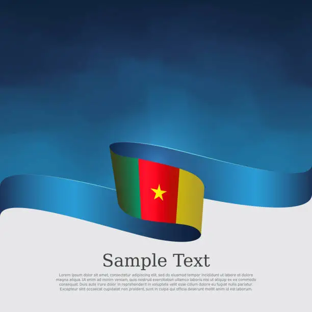 Vector illustration of Cameroon flag background. Cameroon flag wavy ribbon on blue white background. National patriotic poster. Vector tricolor brochure design. State banner, cover, flyer