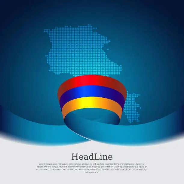Vector illustration of Armenia flag, mosaic map on blue white background. Wavy ribbon with the armenian flag. Vector banner design, armenia national poster. Cover for business booklet. State patriotic, flyer, brochure