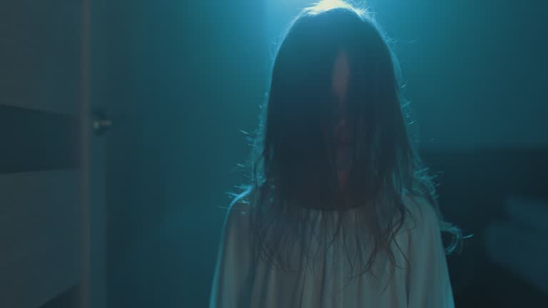 Ghost Girl In White Nightgown With Loose Hair In A Scary House