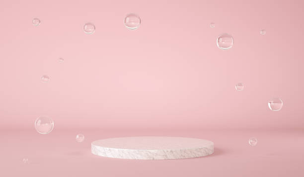 istock Marble product stand on pink pastel background with bubbles floating. 3d render 1331933067