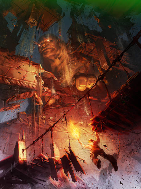 istock digital illustration of adventure in an ancient ruin with huge monster creature passing by 1331933182