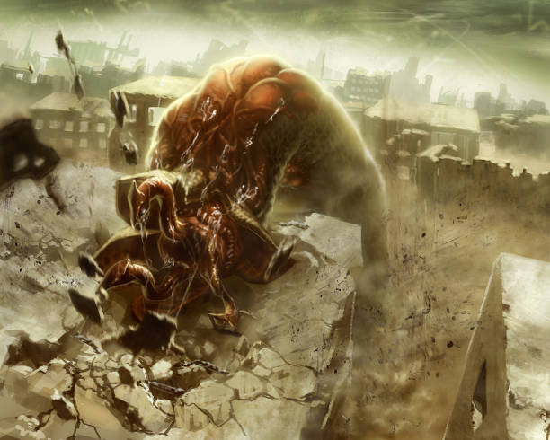 istock digital illustration of destroyed abandoned desert city with huge monster creature worm attacking in battle 1331933195