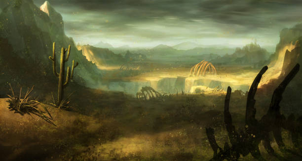 istock digital illustration of abandoned desert land environment landscape with dinosaur skeleton 1331933855