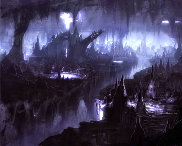 istock digital illustration of underground stalactites cave tunnel system with silver shining water 1331933888
