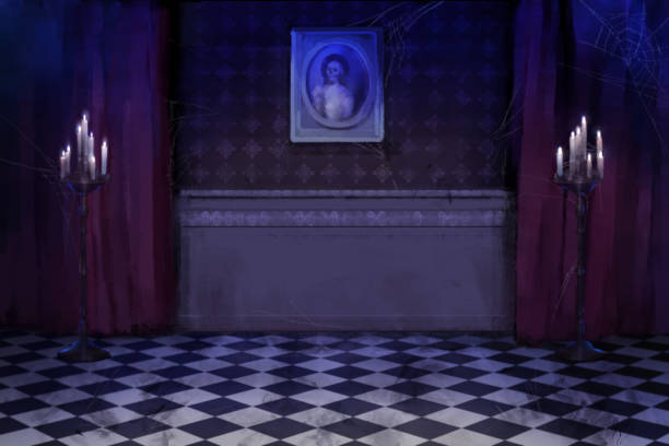 cyfrowy obraz wnętrza halloweenowego motywu ze świecami i podłogą w kratce i ramką na zdjęcia ducha na ścianie - cement floor frame abandoned architecture stock illustrations