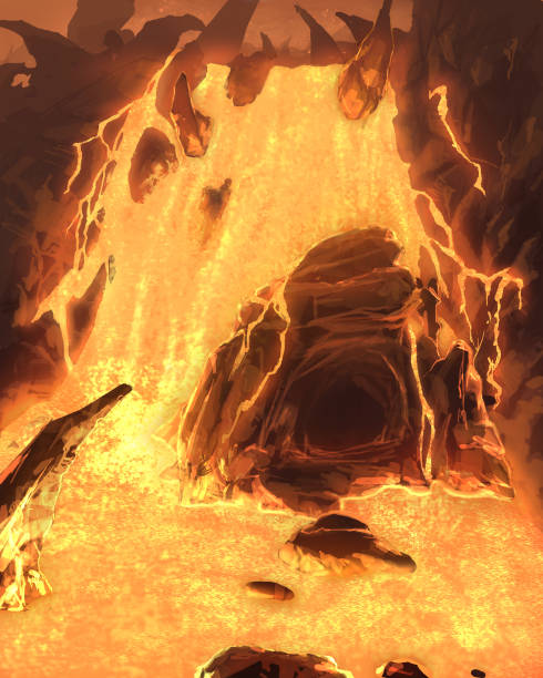 istock digital illustration of fantasy underground stalactites cave tunnel system with lava 1331933962