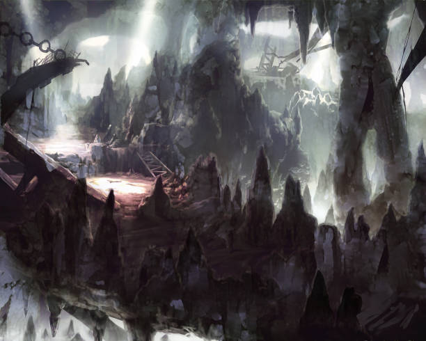 istock digital illustration of underground stalactites cave tunnel system with silver shining water 1331934012