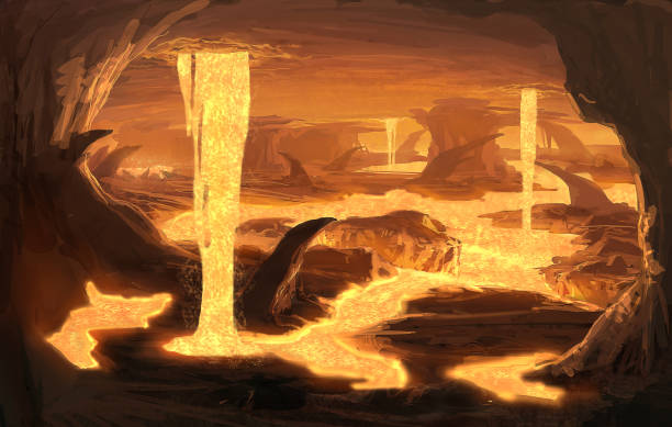 istock digital illustration of fantasy underground stalactites cave tunnel system with lava 1331934041