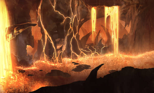 istock digital illustration of fantasy underground stalactites cave tunnel system with lava 1331934071