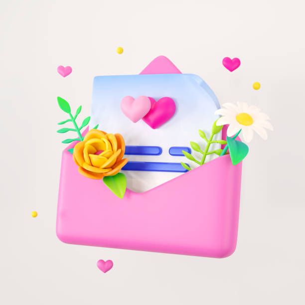 istock Romantic postcard. Pink envelope with hearts and flowers. 3d render 1331935742