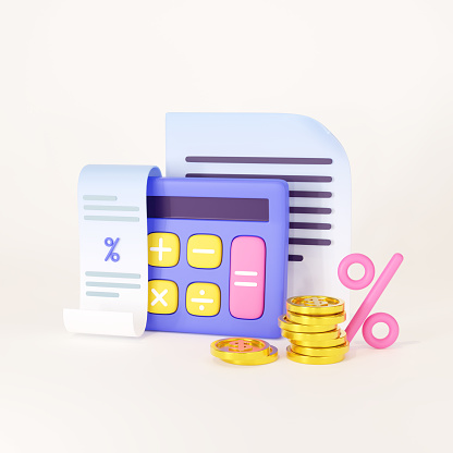 Calculator with coins and bill, check or invoice. Concepts for taxes, finance, accounting, budget planning. 3d render