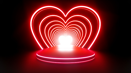 Abstract Modern Minimal Heart Shaped Tunnel Dark Background And Pedestal With Futuristic Red Neon Lights. Empty Space For Text Or Logo. Valentine's Day Concept.