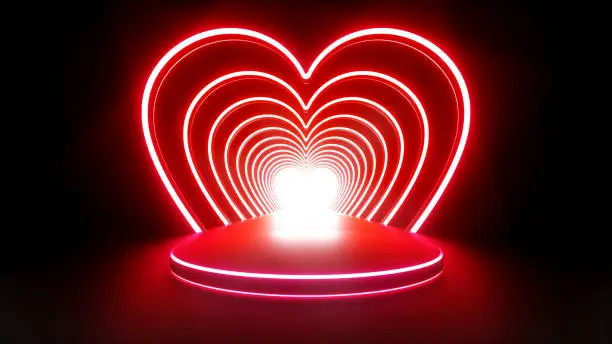 Photo of Modern Minimal Heart Shaped Background And Pedestal With Futuristic Red Neon Lights - 3D Illustration