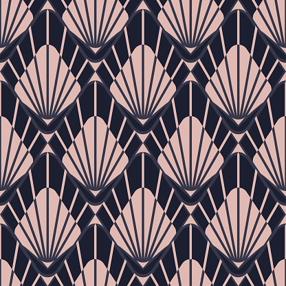 Seamless vector pattern with geometric pink bloom on dark blue background. Luxury repeat shell wallpaper design. Decorative tile fashion textile.