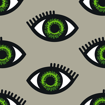 Seamless vector pattern with simple eyes on green background. Hand drawn bright iris wallpaper design. Decorative looking eye fashion textile.