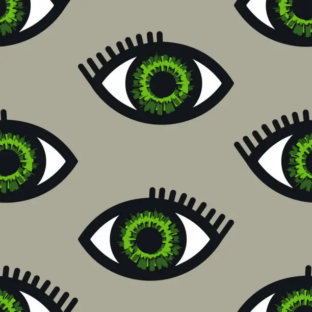 Vector illustration of Repeat vector pattern with simple eyes on green background. Hand drawn bright iris wallpaper design. Decorative looking eye fashion textile.