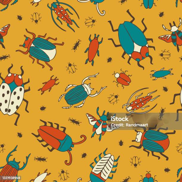 Yellow Insect Patterns Repeat Vector Pattern With Colourful Bugs On Yellow Background Simple ...
